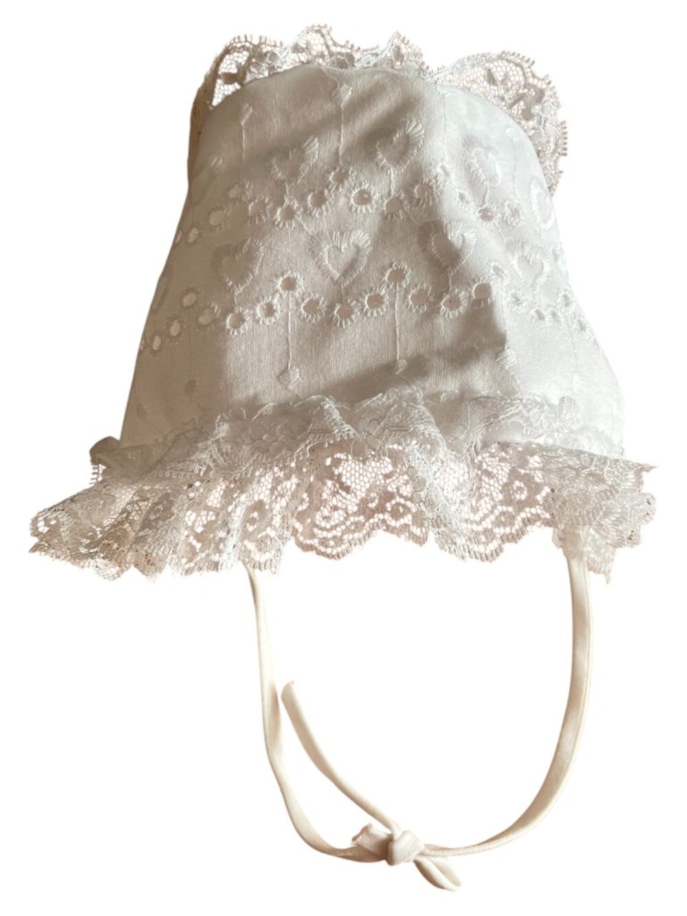 Vintage 1990s Baby White Lace and Eyelet Baptism Christening Bonnet